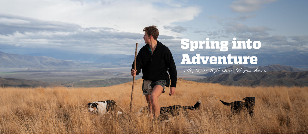 Farmer working in field with text "Spring into Adventure with layers that never let you down"