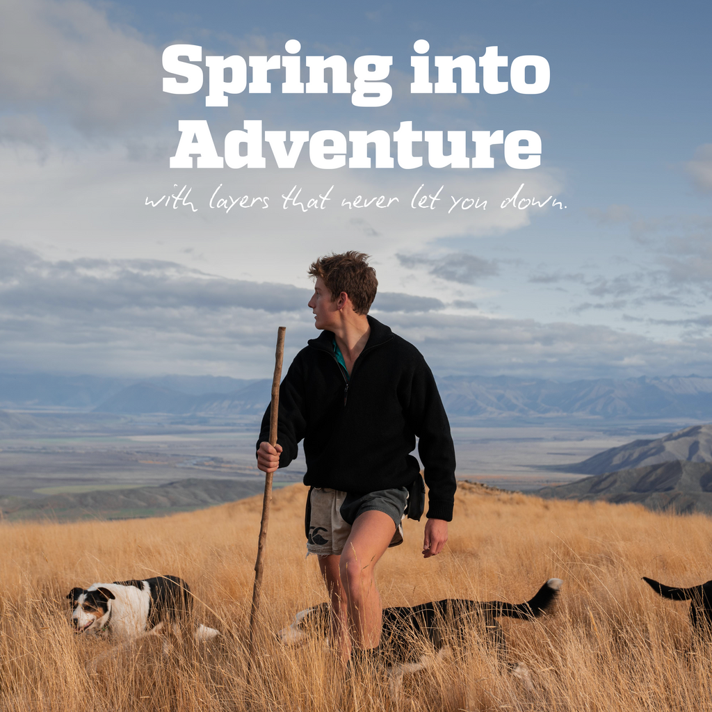 Farmer working in field with text "Spring into Adventure with layers that never let you down"